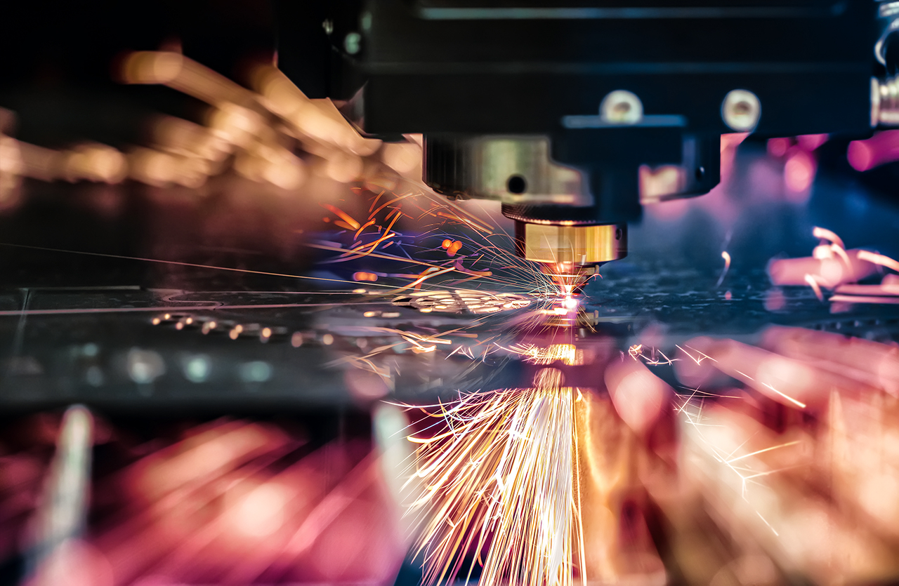 CNC Laser cutting of metal, modern industrial technology. Small depth of field. Warning - authentic shooting in challenging conditions. A little bit grain and maybe blurred.; Shutterstock ID 712297567; Purchase Order: -