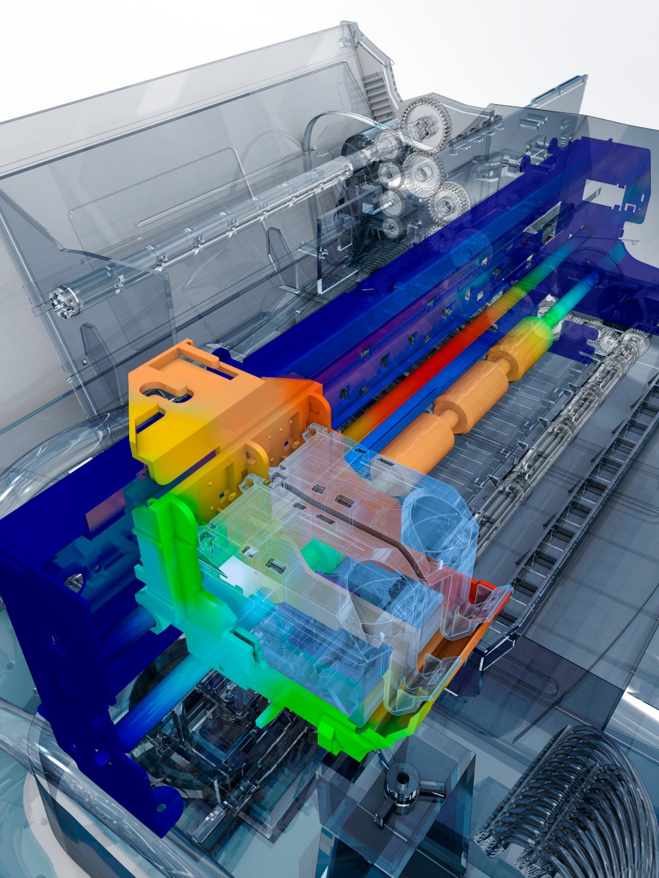 Refreshed version of the 2013 hero image for Simulation Mechanical and Simulation Multiphysics. Simulation of a printer subassembly subjected to a gravity load. Designed in Autodesk(r) Inventor(r) software. Simulated using Autodesk(r) Simulation Multiphysics software. 