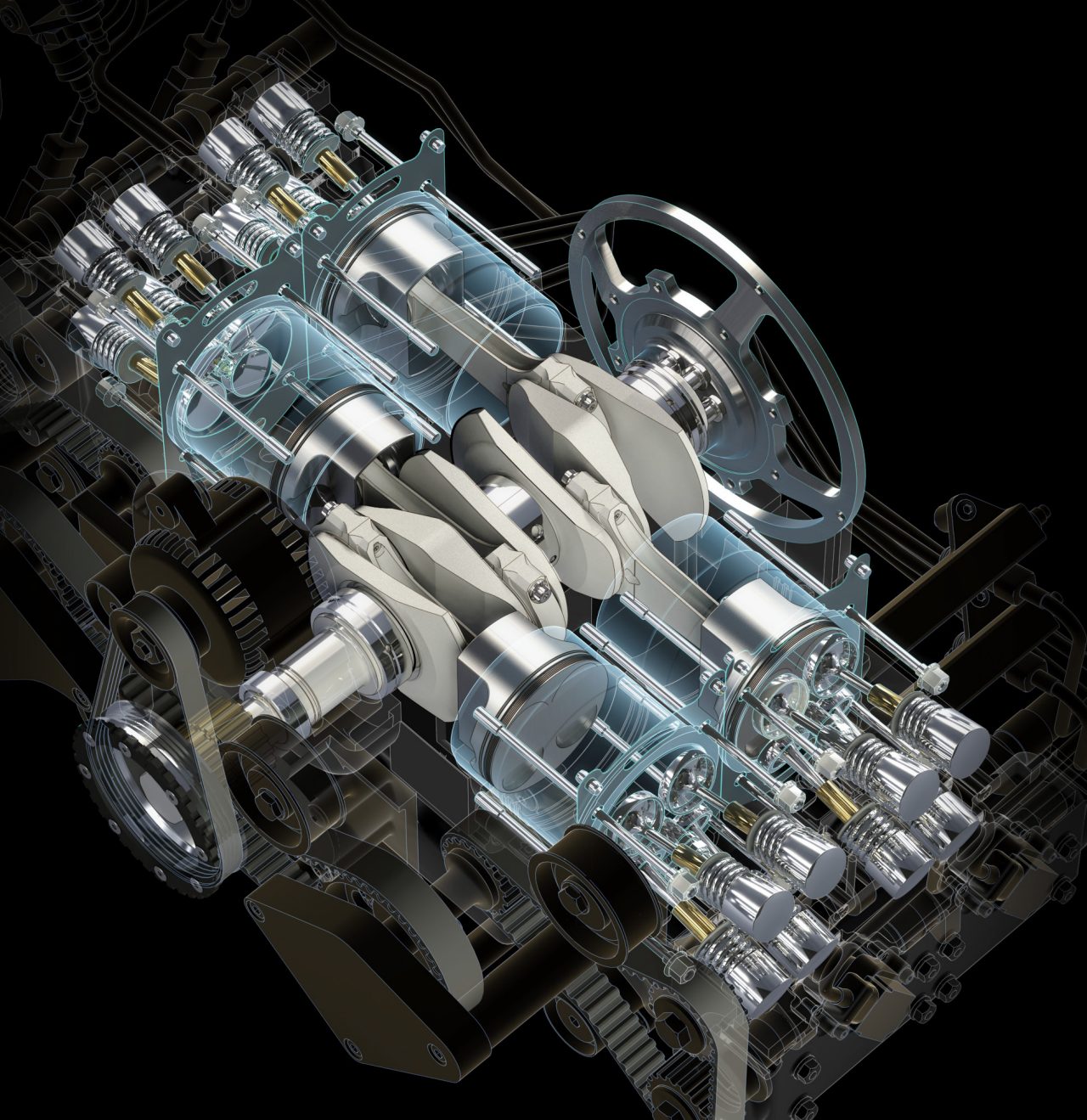 3D rendering of an engine. Image shows a cutaway view of an engine with selected components made transparent to reveal the interrelation of components. Model designed with Inventor and image rendered using 3ds Max.
